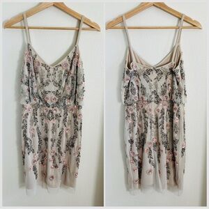 Adrianna Papell Beaded Floral Nude Short Dress